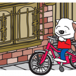 自転車に乗る犬のイラストのポストカード