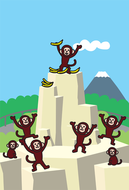 動物園の猿山でボス猿がバナナを独り占めしてるイラスト。申年の年賀状テンプレート