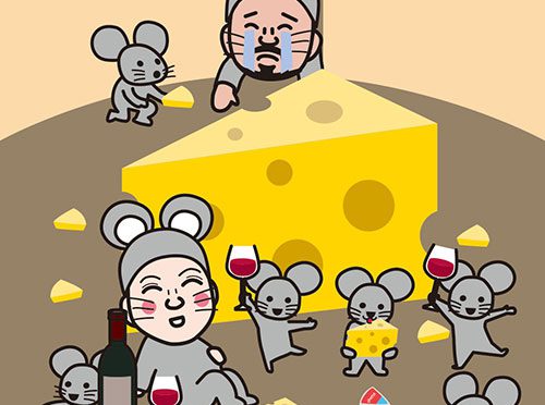 ネズミがチーズでパーティーするイラスト 面白い年賀状デザイン 鼠年の年賀状