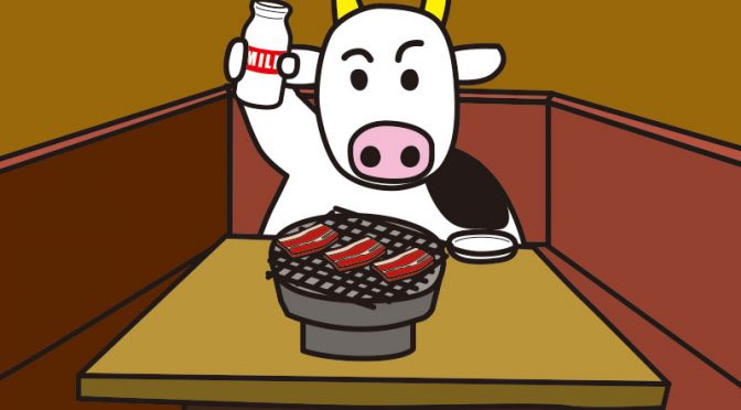 焼肉を食べる牛のイラスト