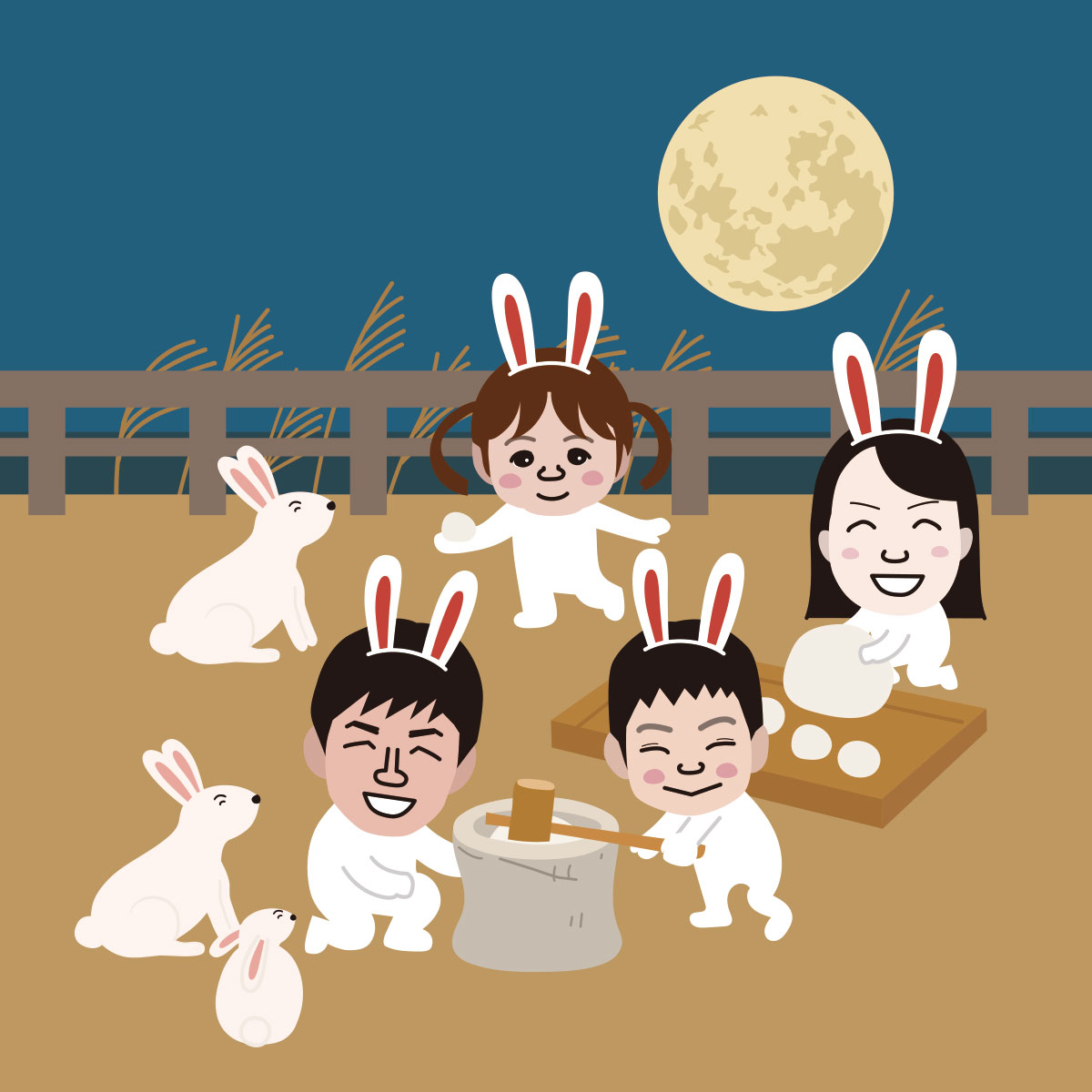 十五夜お月様見て、家族で餅つきするイラスト！ウサギに餅をあげる